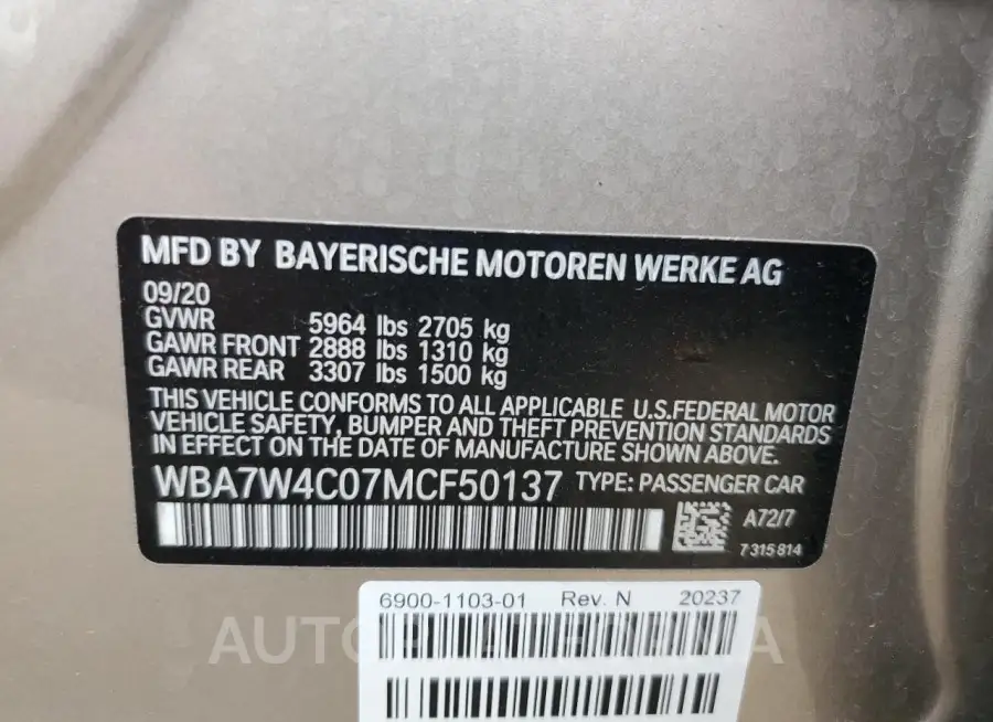 BMW 745XE 2021 vin WBA7W4C07MCF50137 from auto auction Copart