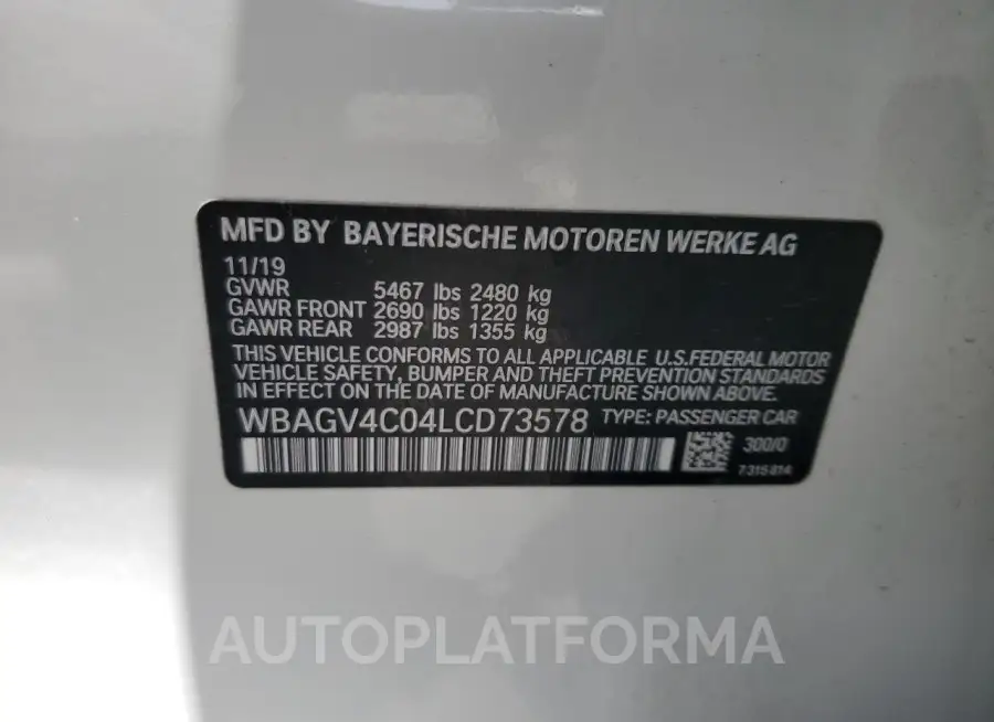 BMW 840XI 2020 vin WBAGV4C04LCD73578 from auto auction Copart