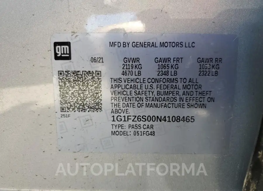 CHEVROLET BOLT EUV P 2022 vin 1G1FZ6S00N4108465 from auto auction Copart