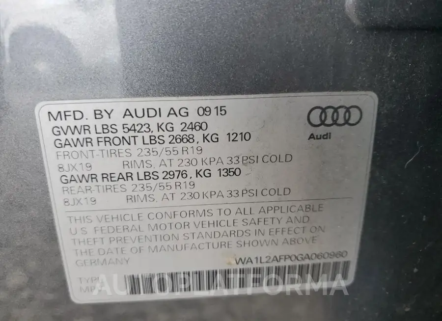 AUDI Q5 PREMIUM 2016 vin WA1L2AFP0GA060960 from auto auction Copart