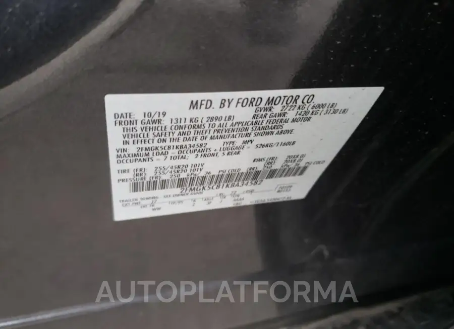 FORD FLEX SEL 2019 vin 2FMGK5C81KBA34582 from auto auction Copart