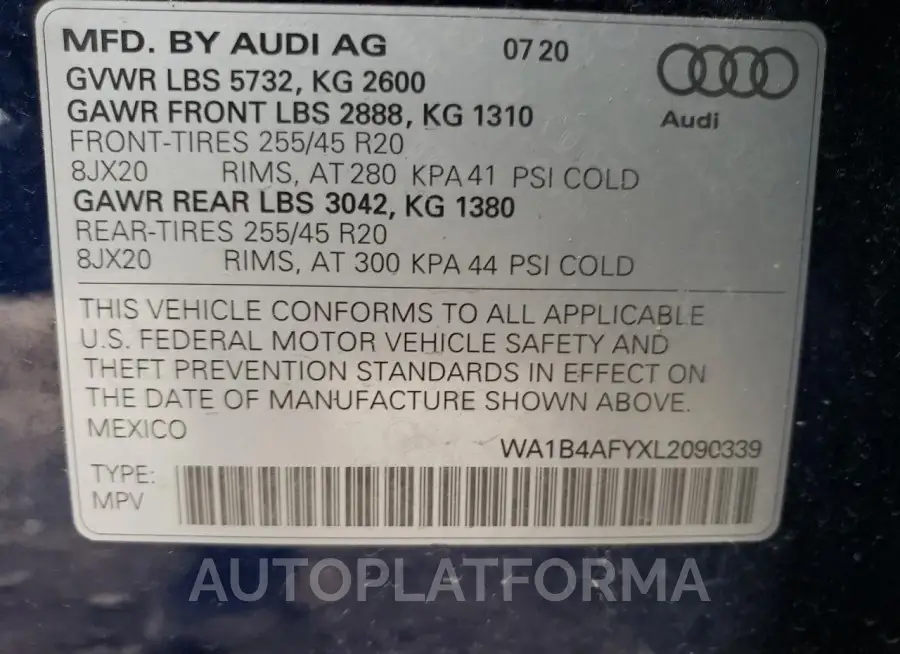 AUDI SQ5 PREMIU 2020 vin WA1B4AFYXL2090339 from auto auction Copart