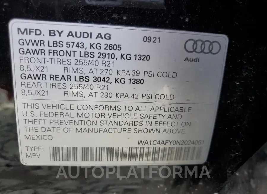 AUDI SQ5 PRESTI 2022 vin WA1C4AFY0N2024051 from auto auction Copart