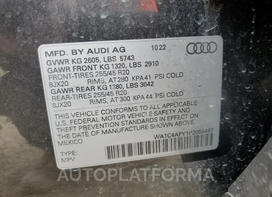 AUDI SQ5 PRESTI 2023 vin WA1C4AFY1P2055487 from auto auction Copart