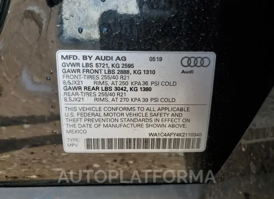 AUDI SQ5 PRESTI 2019 vin WA1C4AFY4K2110345 from auto auction Copart