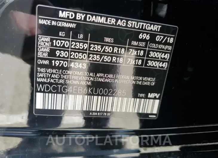 MERCEDES-BENZ GLA 250 2019 vin WDCTG4EB6KU002285 from auto auction Copart