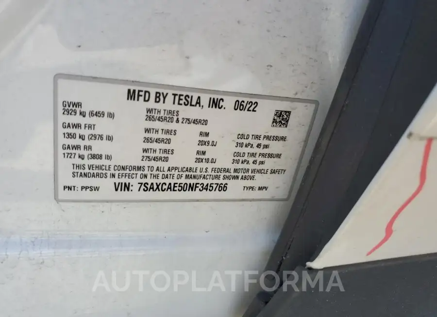 TESLA MODEL X 2022 vin 7SAXCAE50NF345766 from auto auction Copart