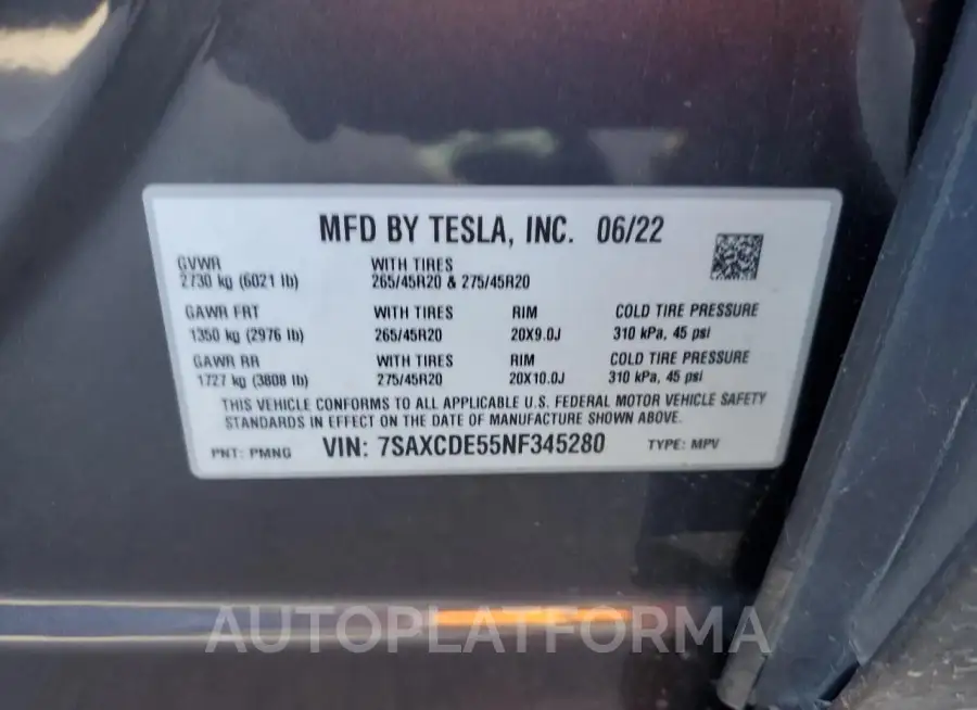 TESLA MODEL X 2022 vin 7SAXCDE55NF345280 from auto auction Copart