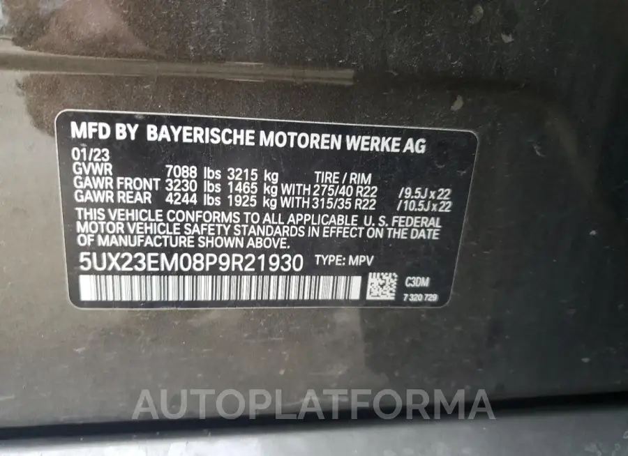 BMW X7 XDRIVE4 2023 vin 5UX23EM08P9R21930 from auto auction Copart