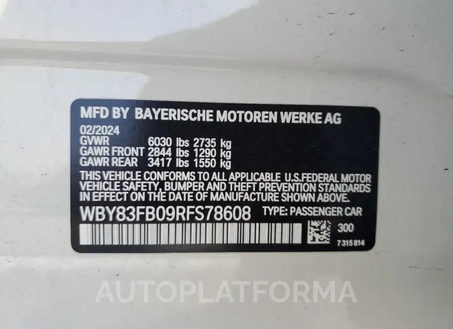 BMW I4 XDRIVE 2024 vin WBY83FB09RFS78608 from auto auction Copart