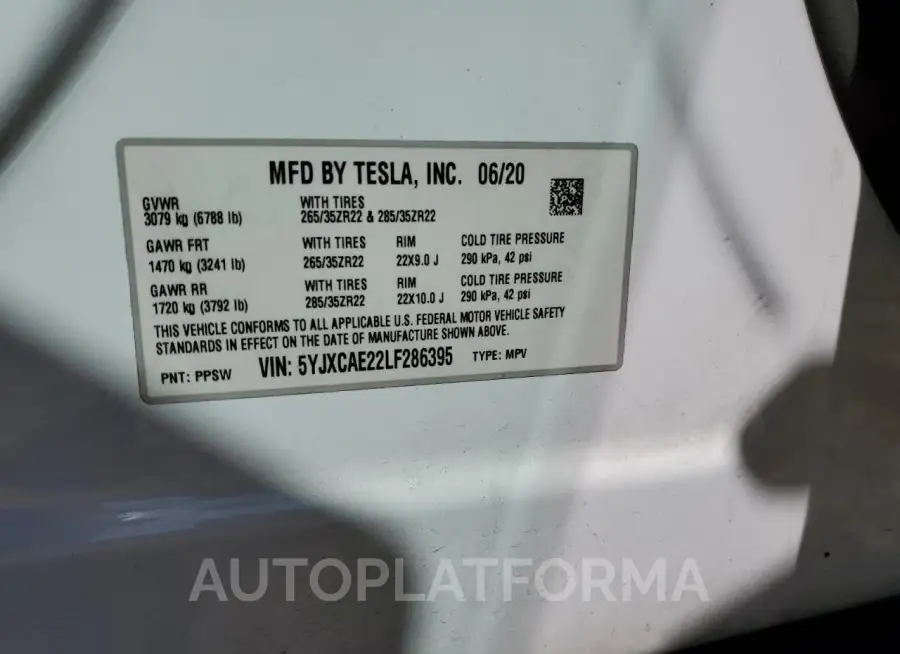 TESLA MODEL X 2020 vin 5YJXCAE22LF286395 from auto auction Copart