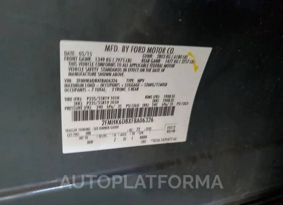 FORD FLEX LIMIT 2015 vin 2FMHK6D8XFBA06326 from auto auction Copart