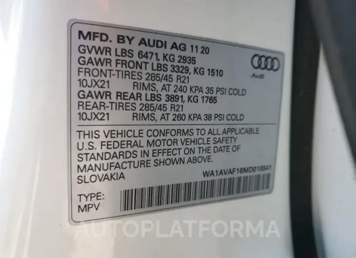 AUDI Q8 PREMIUM 2021 vin WA1AVAF16MD018541 from auto auction Copart