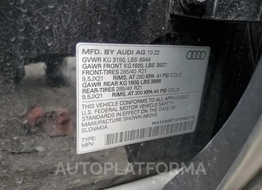 AUDI SQ7 PRESTI 2023 vin WA1VWBF74PD004778 from auto auction Copart