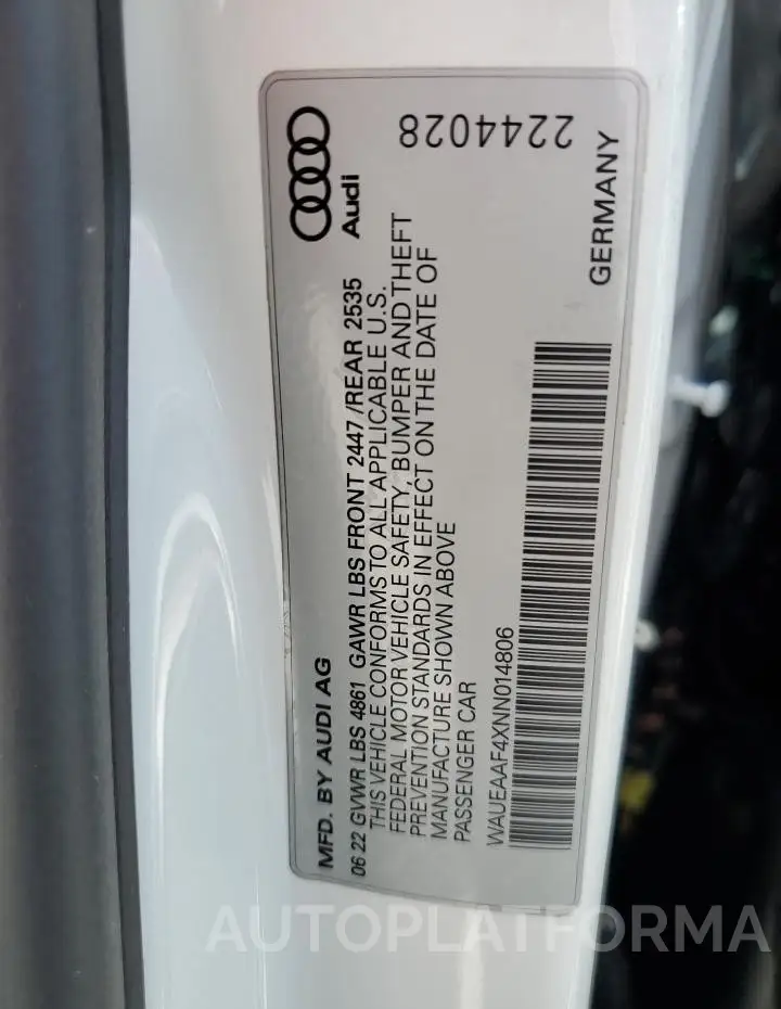 AUDI A4 PREMIUM 2022 vin WAUEAAF4XNN014806 from auto auction Copart