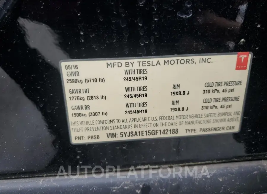 TESLA MODEL S 2016 vin 5YJSA1E15GF142188 from auto auction Copart