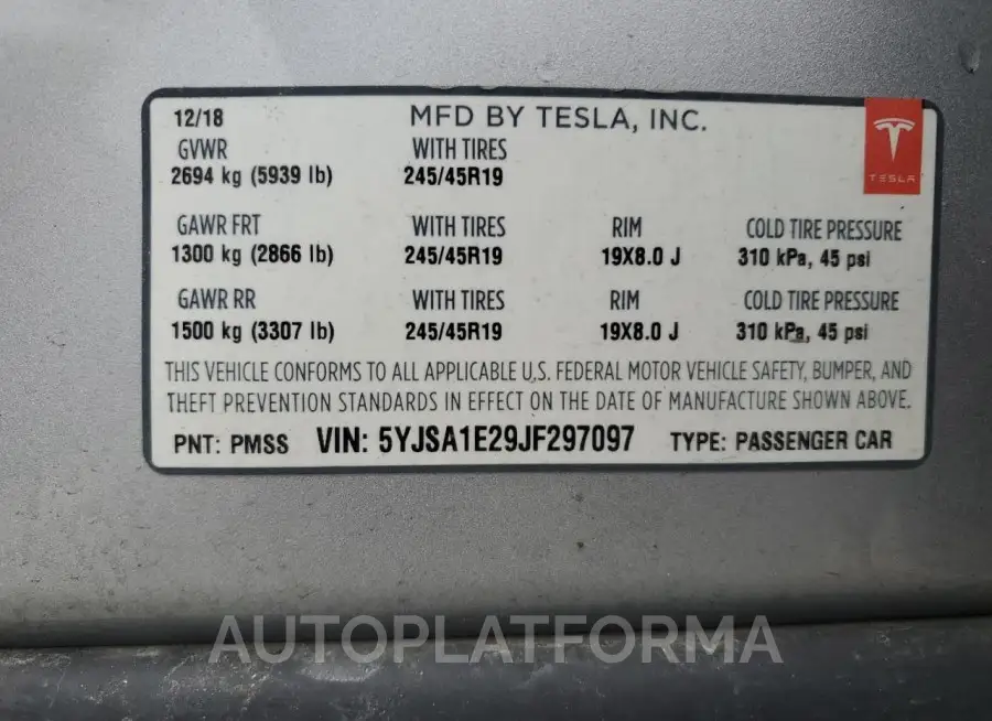 TESLA MODEL S 2018 vin 5YJSA1E29JF297097 from auto auction Copart