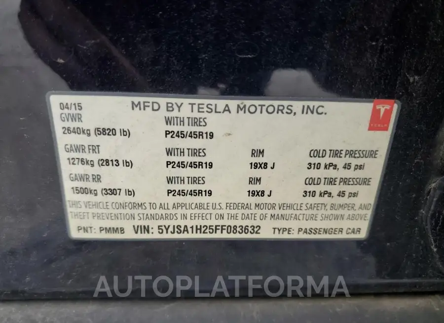 TESLA MODEL S 85 2015 vin 5YJSA1H25FF083632 from auto auction Copart