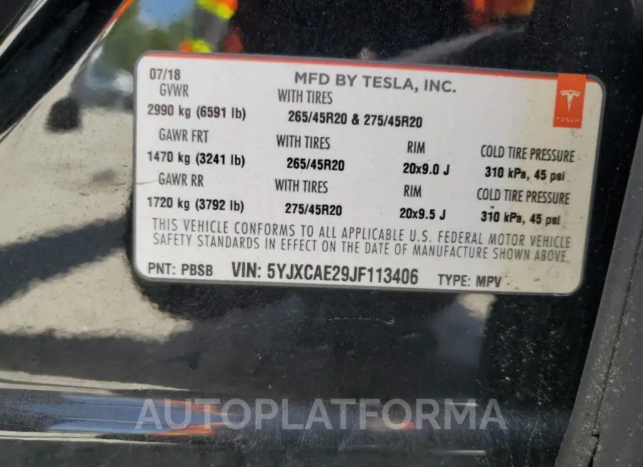 TESLA MODEL X 2018 vin 5YJXCAE29JF113406 from auto auction Copart