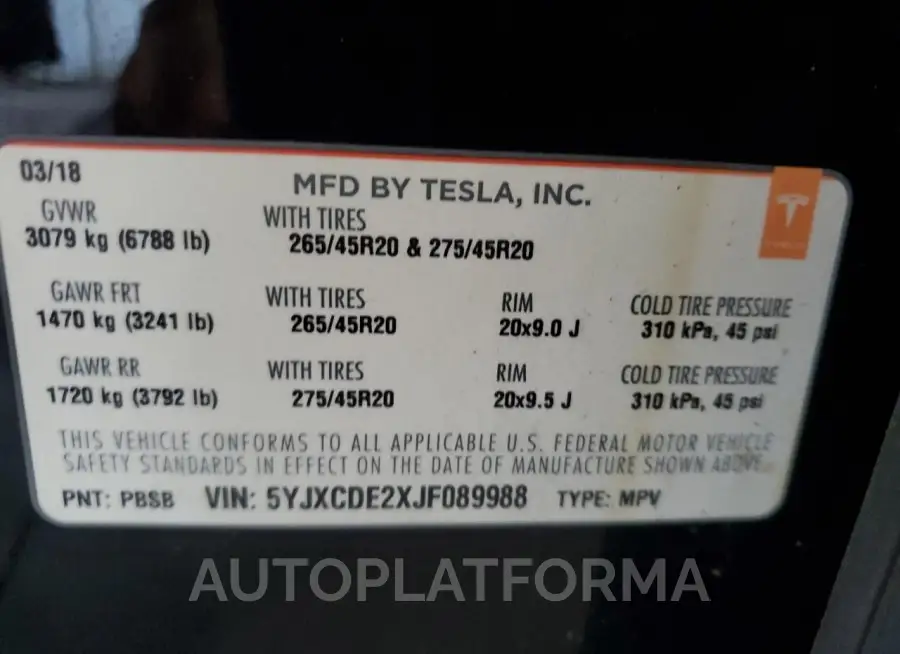 TESLA MODEL X 2018 vin 5YJXCDE2XJF089988 from auto auction Copart