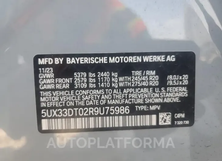 BMW X4 XDRIVE3 2024 vin 5UX33DT02R9U75986 from auto auction Copart