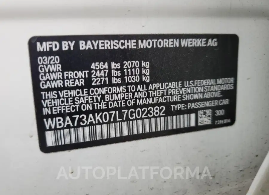 BMW 228XI 2020 vin WBA73AK07L7G02382 from auto auction Copart