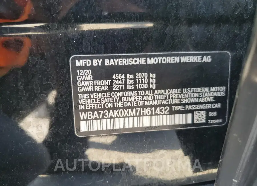 BMW 228XI 2021 vin WBA73AK0XM7H61432 from auto auction Copart