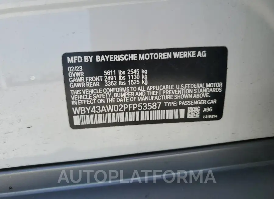 BMW I4 EDRIVE 2023 vin WBY43AW02PFP53587 from auto auction Copart