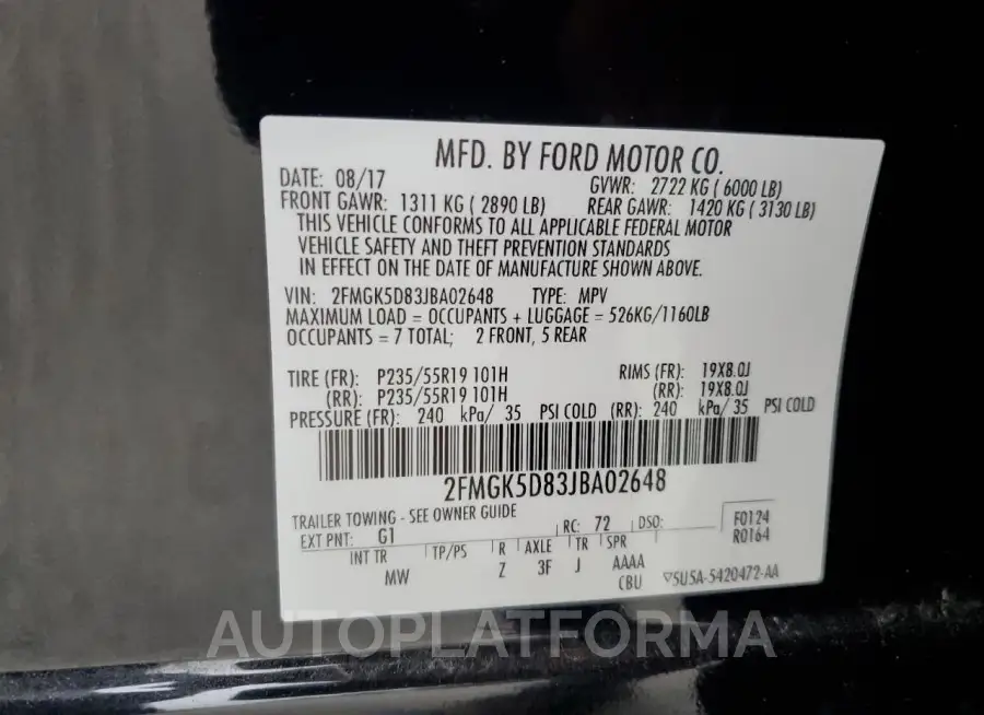 FORD FLEX LIMIT 2018 vin 2FMGK5D83JBA02648 from auto auction Copart