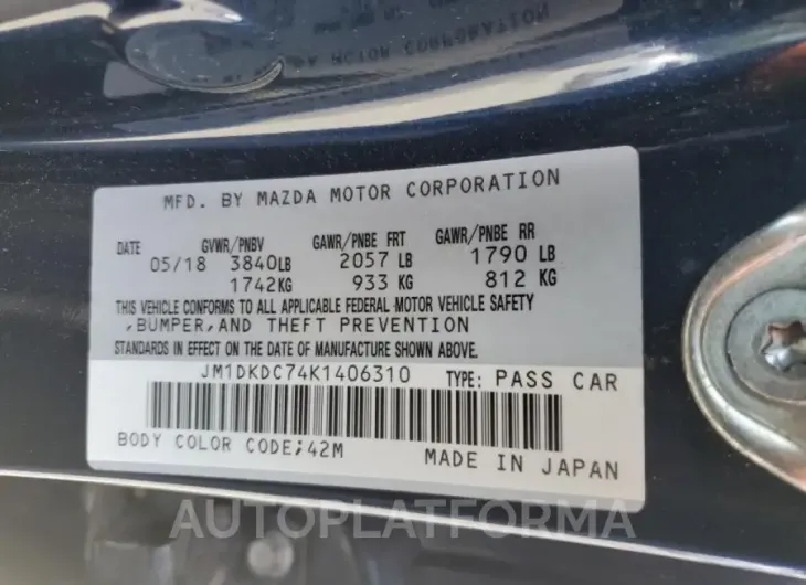 MAZDA CX-3 TOURI 2019 vin JM1DKDC74K1406310 from auto auction Copart