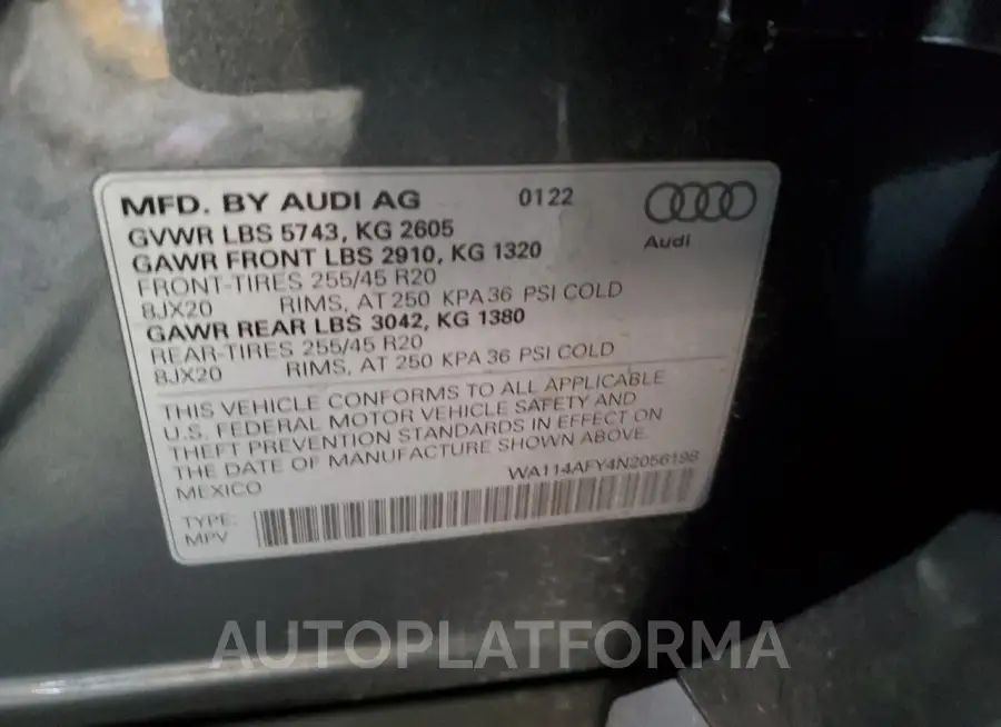 AUDI SQ5 SPORTB 2022 vin WA114AFY4N2056198 from auto auction Copart