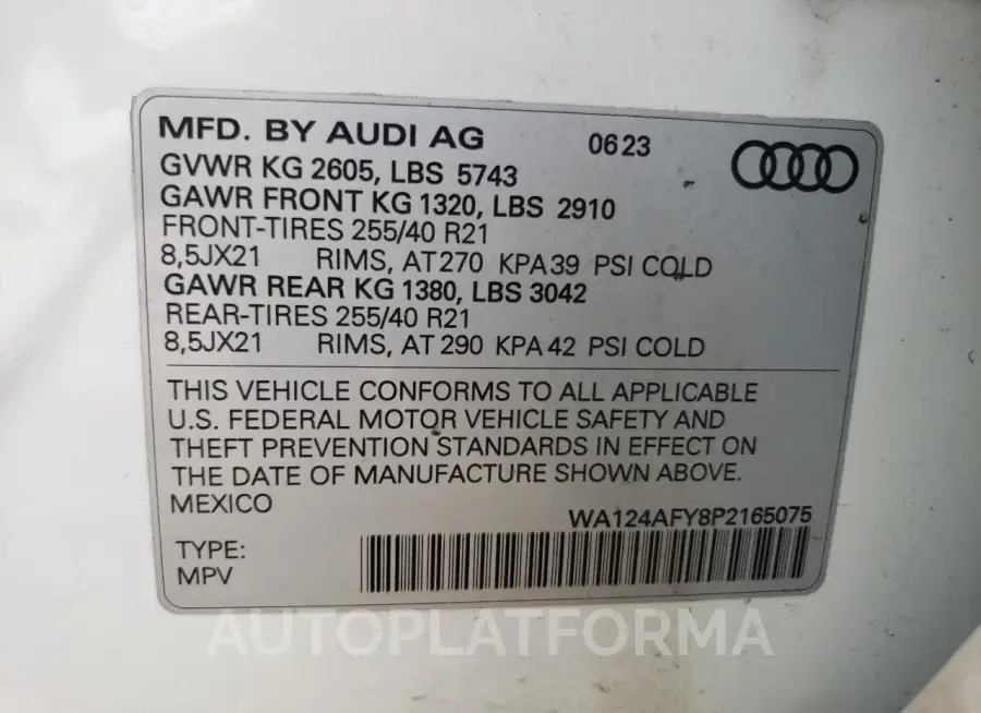 AUDI SQ5 SPORTB 2023 vin WA124AFY8P2165075 from auto auction Copart