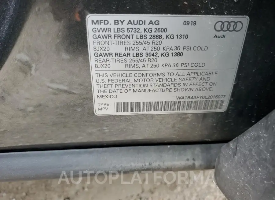 AUDI SQ5 PREMIU 2020 vin WA1B4AFY6L2016027 from auto auction Copart