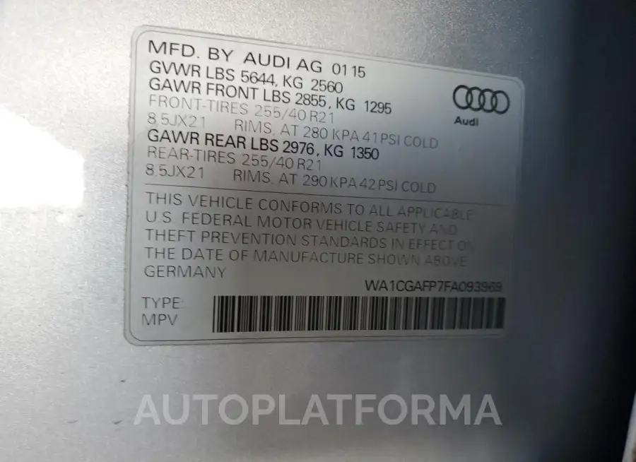 AUDI SQ5 PREMIU 2015 vin WA1CGAFP7FA093969 from auto auction Copart