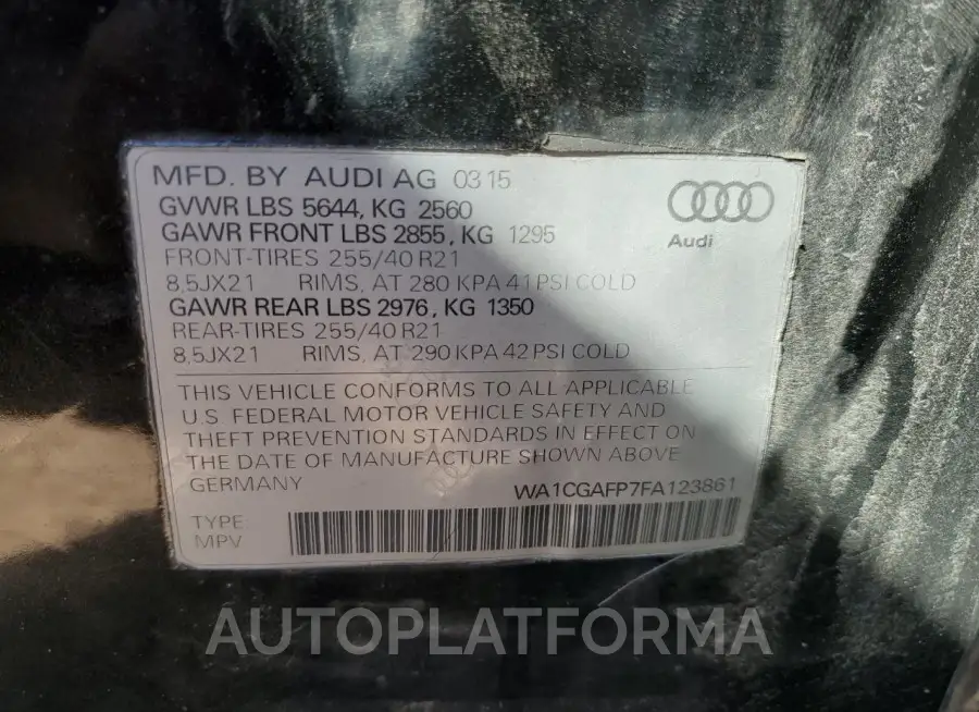 AUDI SQ5 PREMIU 2015 vin WA1CGAFP7FA123861 from auto auction Copart