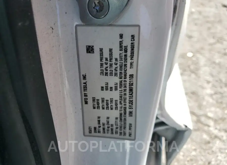 TESLA MODEL 3 2021 vin 5YJ3E1EA3MF921108 from auto auction Copart