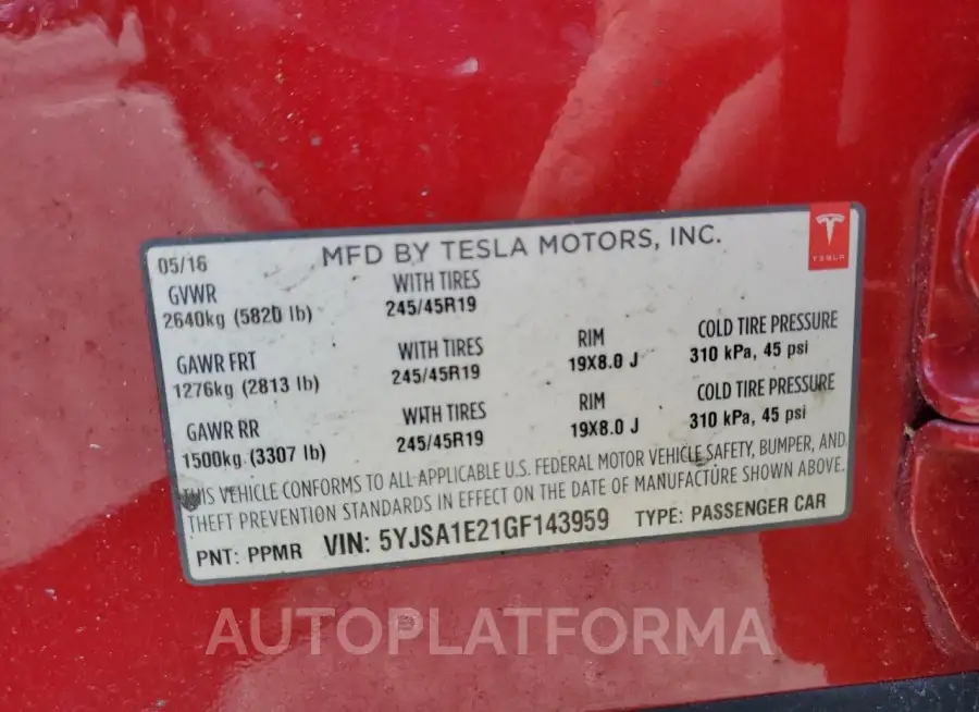 TESLA MODEL S 2016 vin 5YJSA1E21GF143959 from auto auction Copart