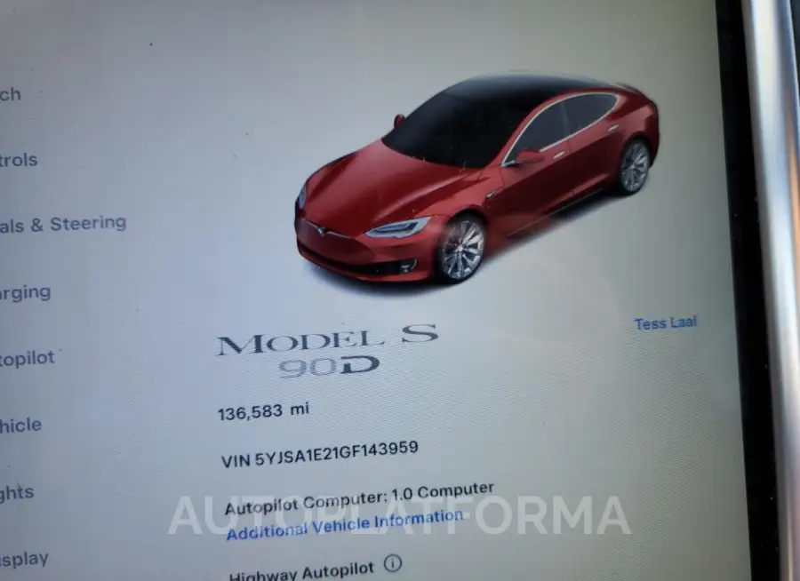 TESLA MODEL S 2016 vin 5YJSA1E21GF143959 from auto auction Copart