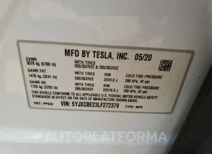 TESLA MODEL X 2020 vin 5YJXCBE23LF272379 from auto auction Copart