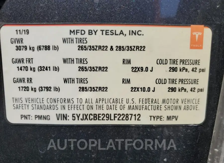 TESLA MODEL X 2020 vin 5YJXCBE29LF228712 from auto auction Copart