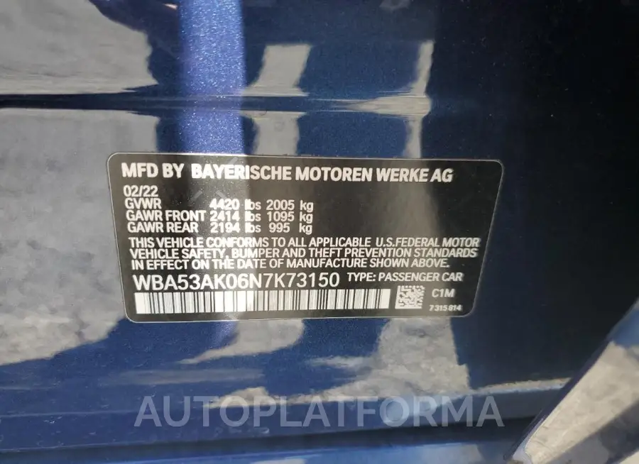 BMW 228I 2022 vin WBA53AK06N7K73150 from auto auction Copart