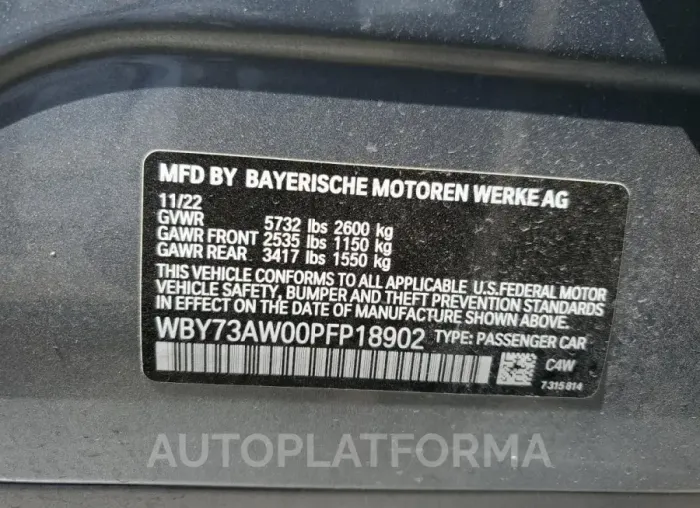 BMW I4 EDRIVE 2023 vin WBY73AW00PFP18902 from auto auction Copart