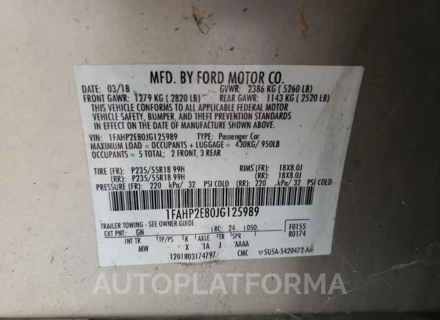 FORD TAURUS SEL 2018 vin 1FAHP2E80JG125989 from auto auction Copart