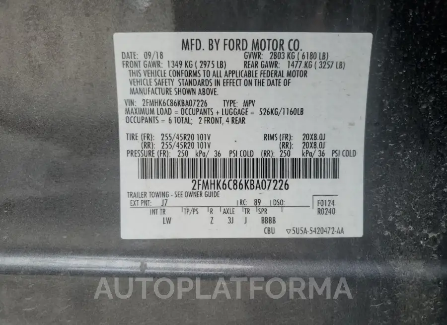 FORD FLEX SEL 2019 vin 2FMHK6C86KBA07226 from auto auction Copart