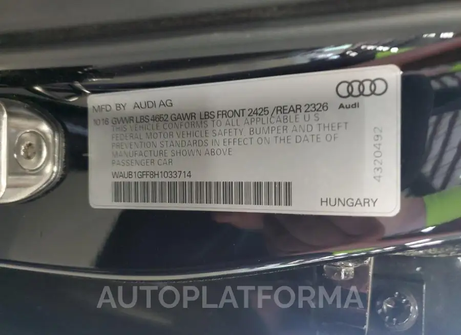 AUDI S3 PREMIUM 2017 vin WAUB1GFF8H1033714 from auto auction Copart