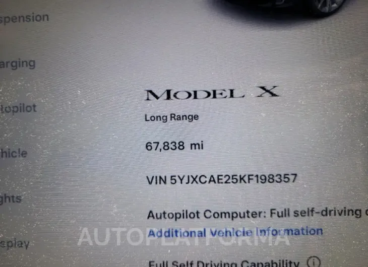 TESLA MODEL X 2019 vin 5YJXCAE25KF198357 from auto auction Copart