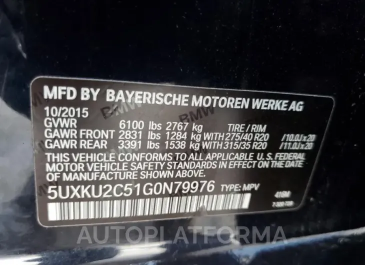 BMW X6 XDRIVE3 2016 vin 5UXKU2C51G0N79976 from auto auction Copart