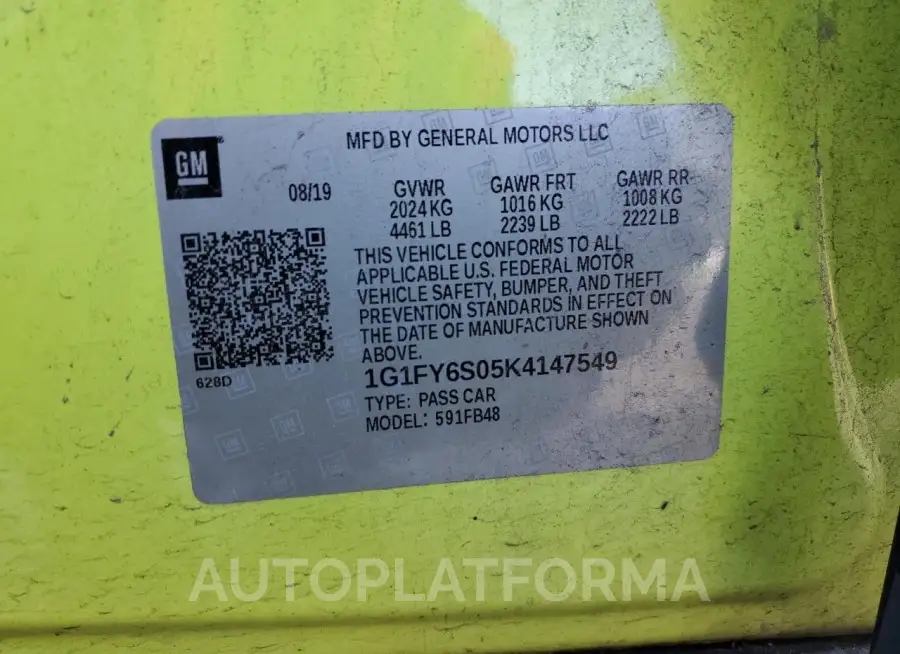 CHEVROLET BOLT EV LT 2019 vin 1G1FY6S05K4147549 from auto auction Copart