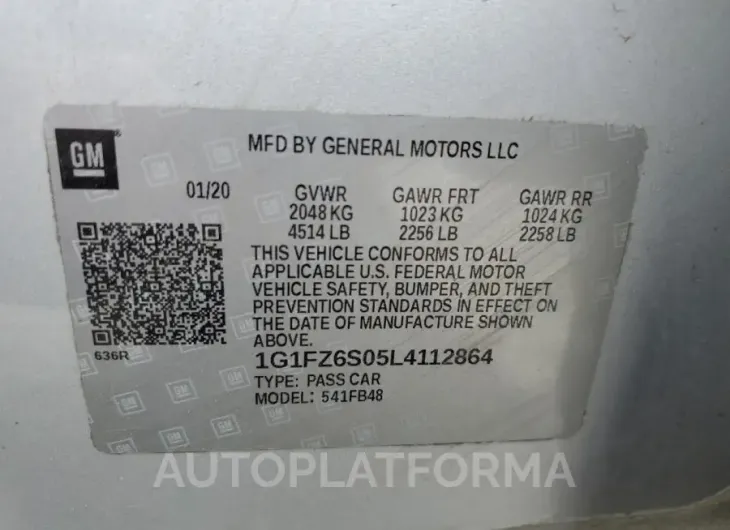 CHEVROLET BOLT EV PR 2020 vin 1G1FZ6S05L4112864 from auto auction Copart