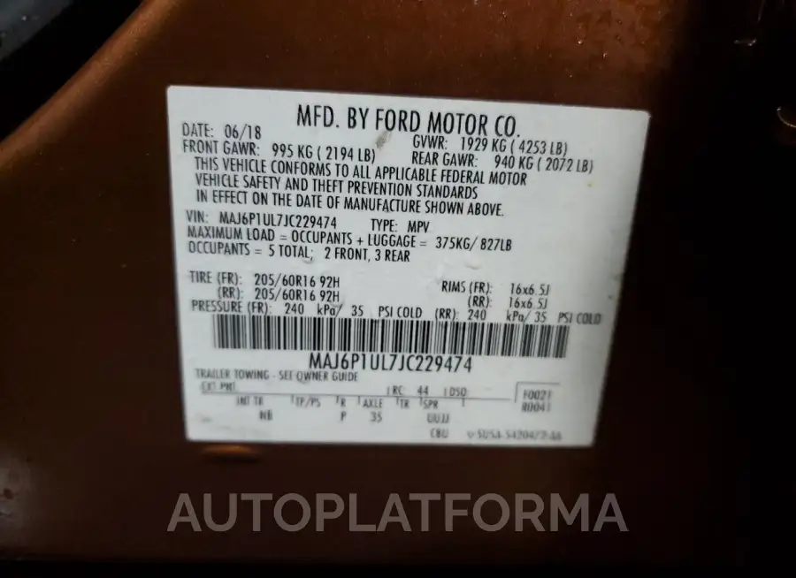 FORD ECOSPORT S 2018 vin MAJ6P1UL7JC229474 from auto auction Copart